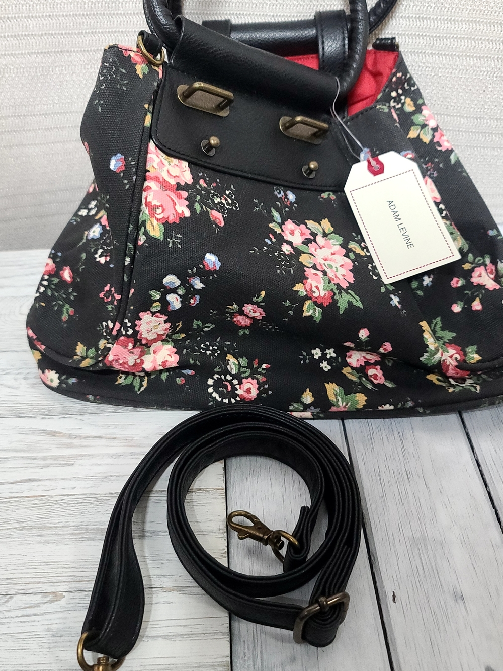 Adam Levine Collection Black Floral Tote with Pink Roses - Picture 3 of 16